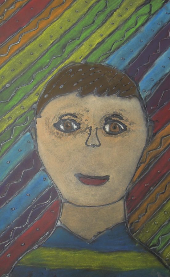Student self-portrait in oil pastel