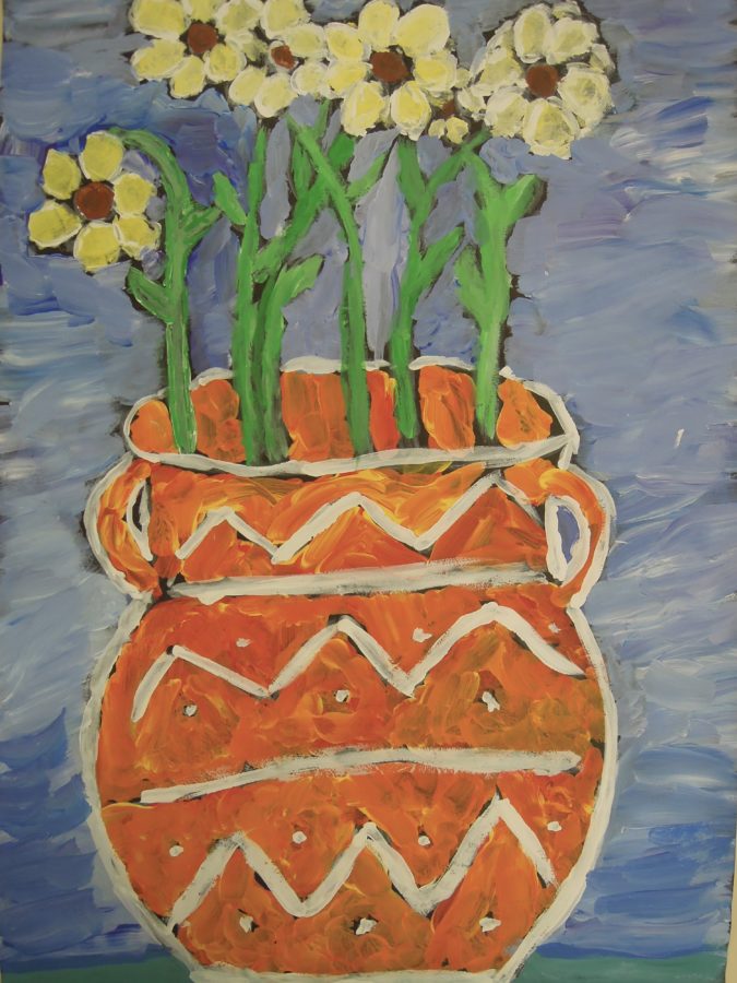 Oil pastel of vase with flowers
