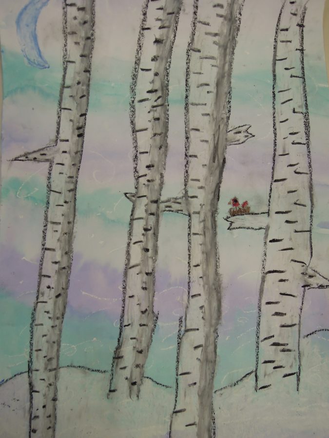 Oil pastel of birch trees