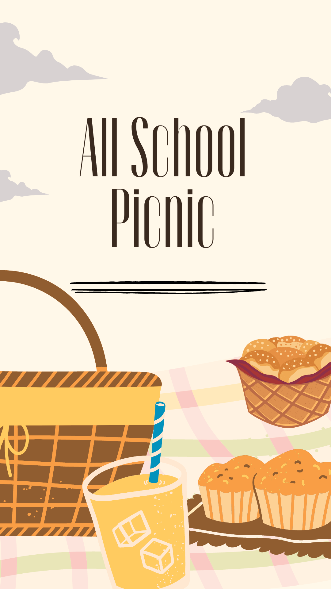 Picnic basket on a blanket with a drink and muffins,