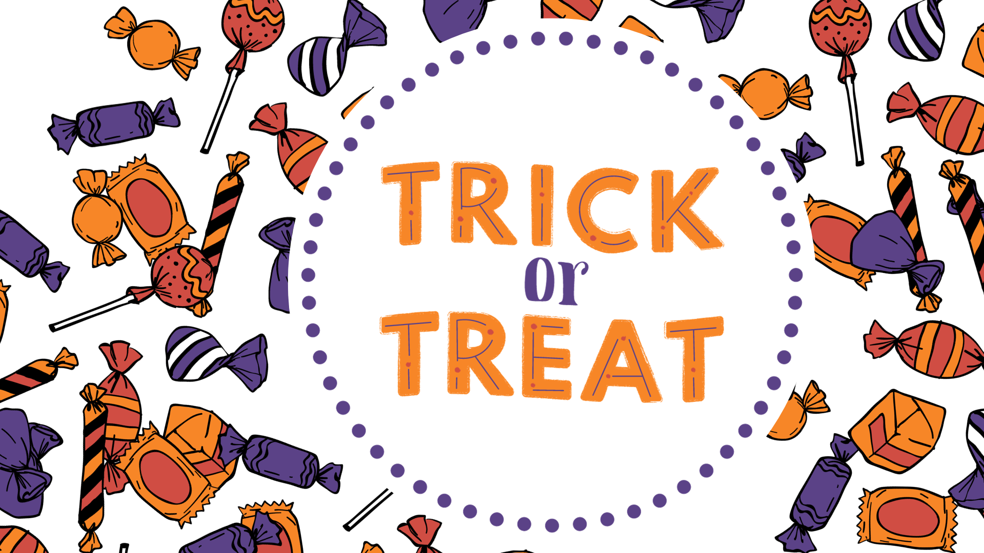 Trick or Treat with orange and purple candy background