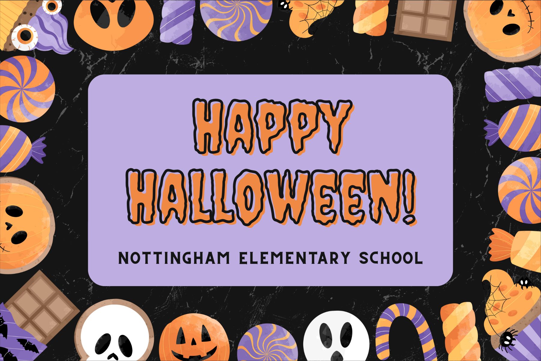 Banner with halloween imagery that says "Happy Halloween"