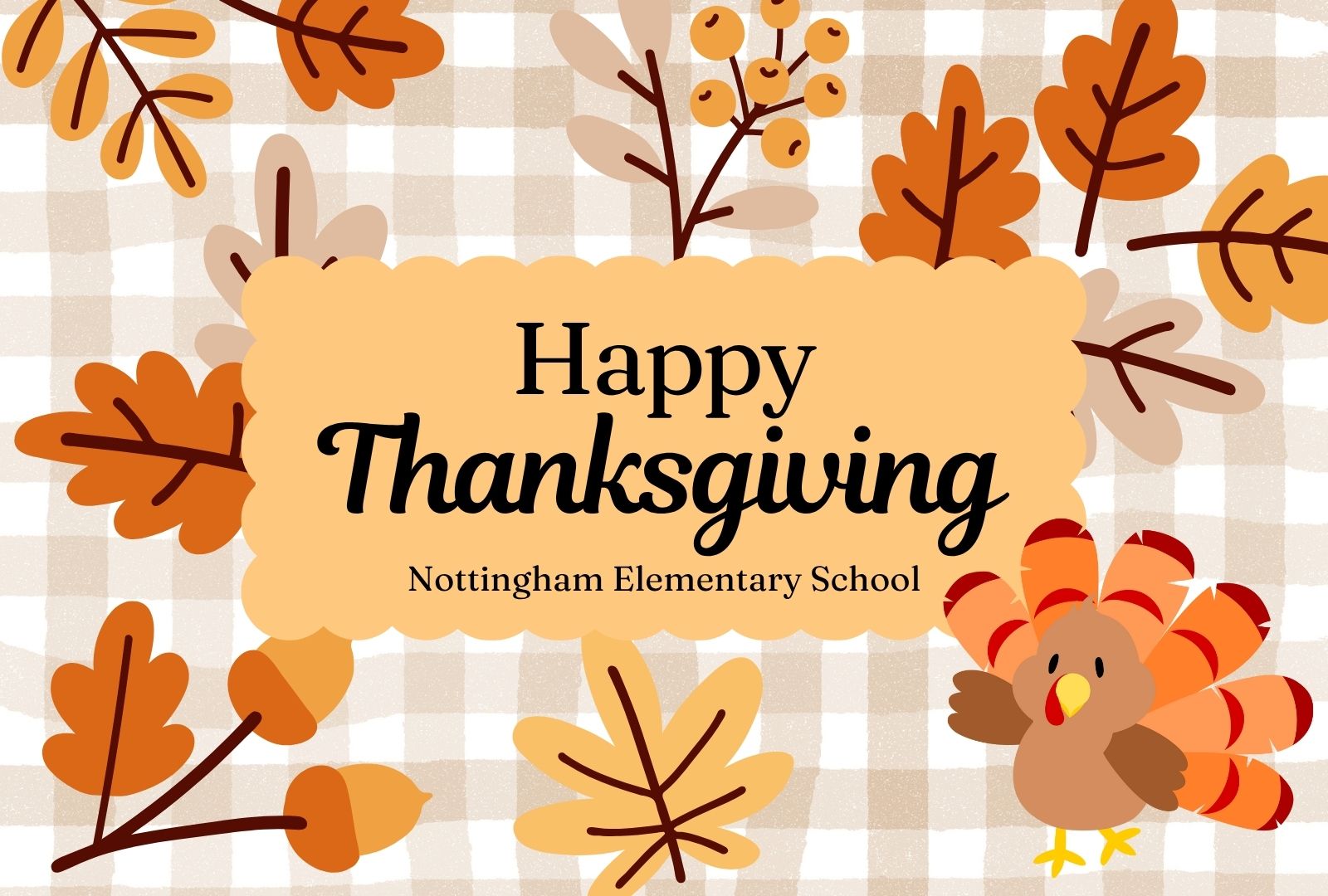 image that says "happy thanksgiving" with fall leaves and a checkered background